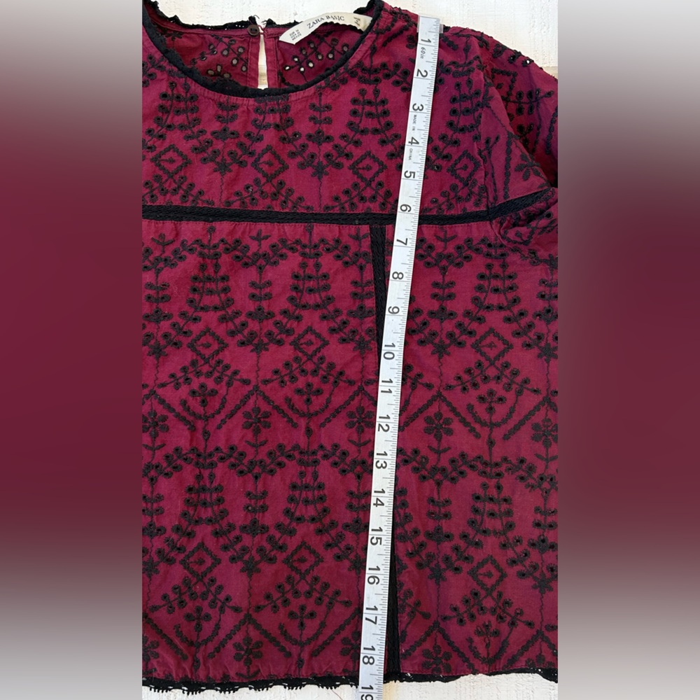 Zara Basic Women’s Maroon/Black Embroidered Eyelet Top Long Sleeves Size Medium - Picture 8 of 8